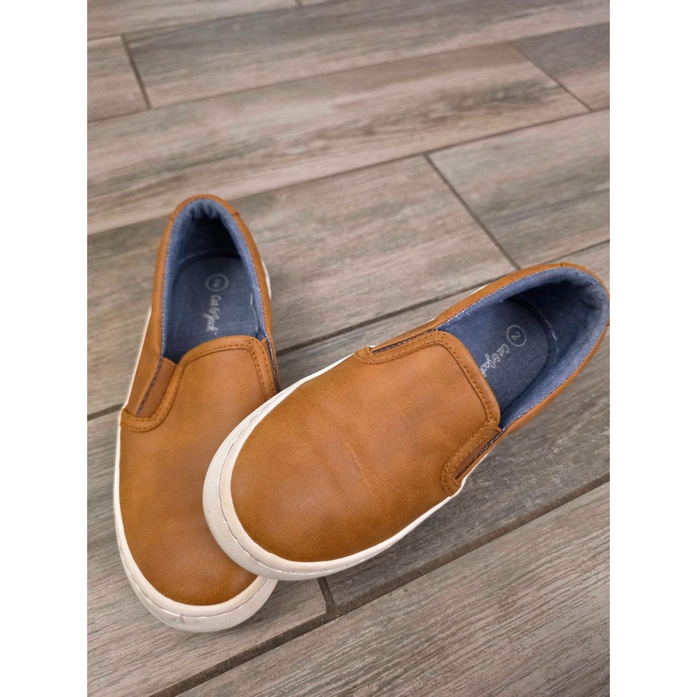 Cat & Jack Kids Cognac Brown Faux Leather Slip On Sneakers Size 2 Boy Girl